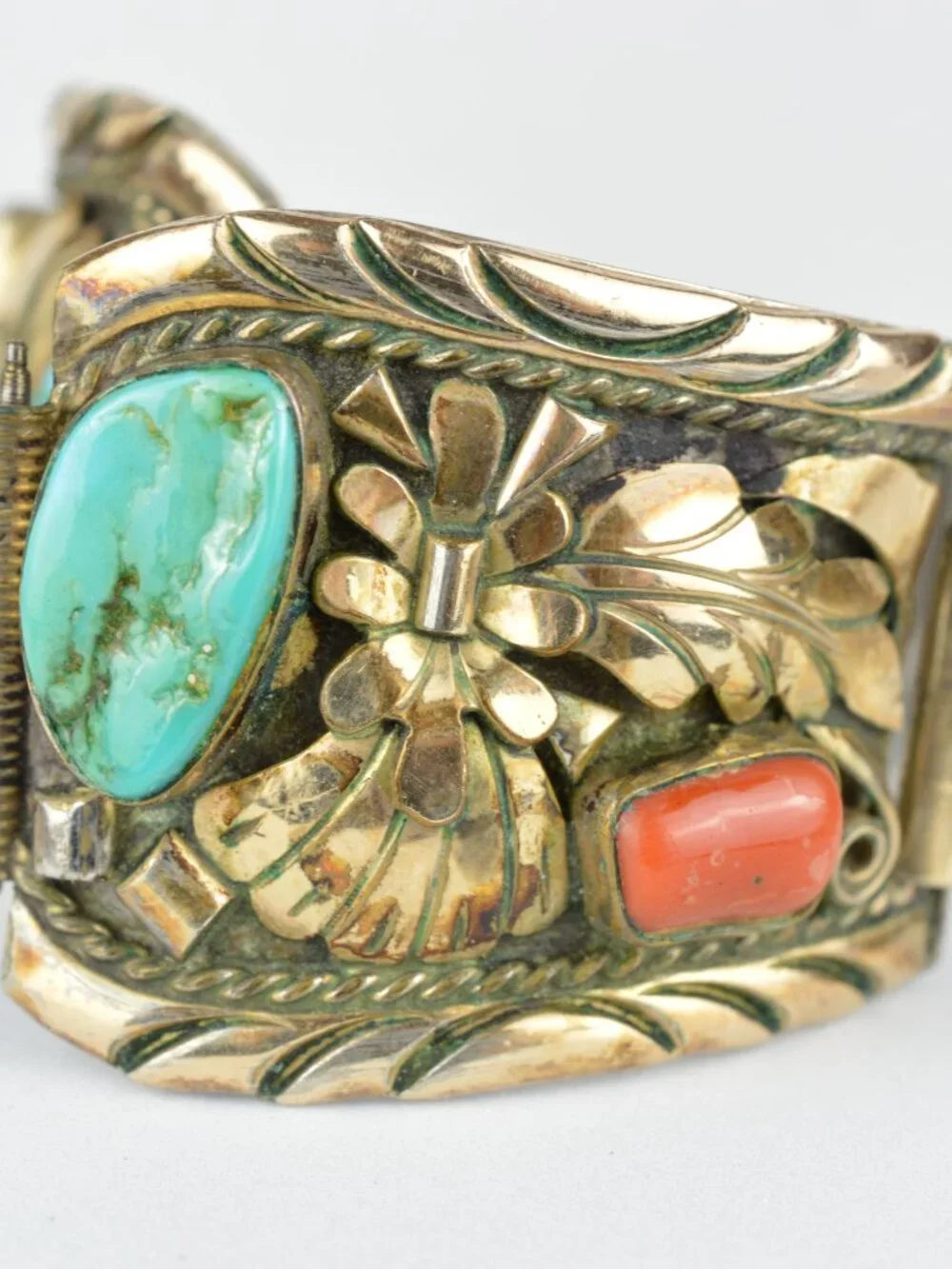VTG Southwestern Sterling Silver Turquoise Coral Watch Tips Band Native American